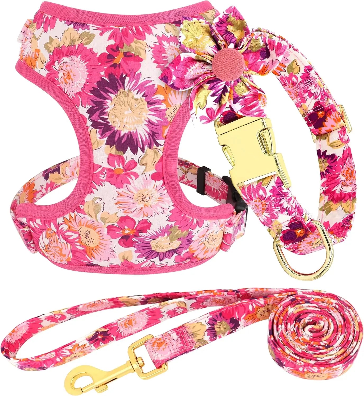 Dog Collar Harness Leash Set With Flower Adjustable Mesh Vest